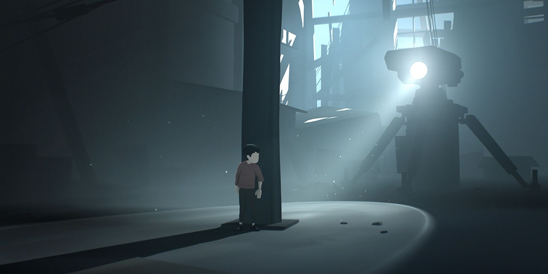 protagonist boy hiding from robot machine in gameplay from indie game Inside
