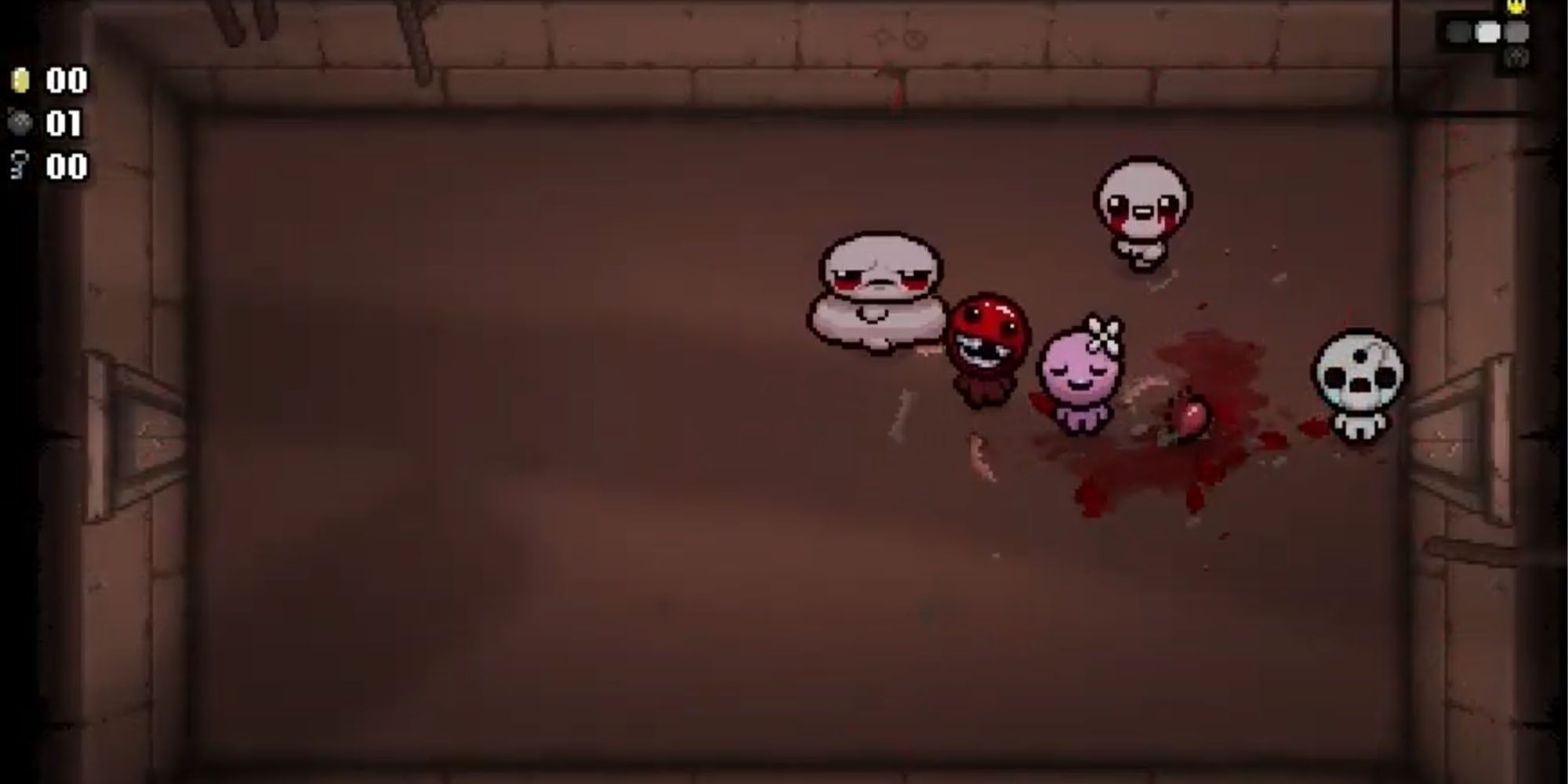 The Binding of Isaac screenshot where Isaac is using Gnawed Leaf as his Super Meat Boy and Bandage Girl kill all enemies in the room