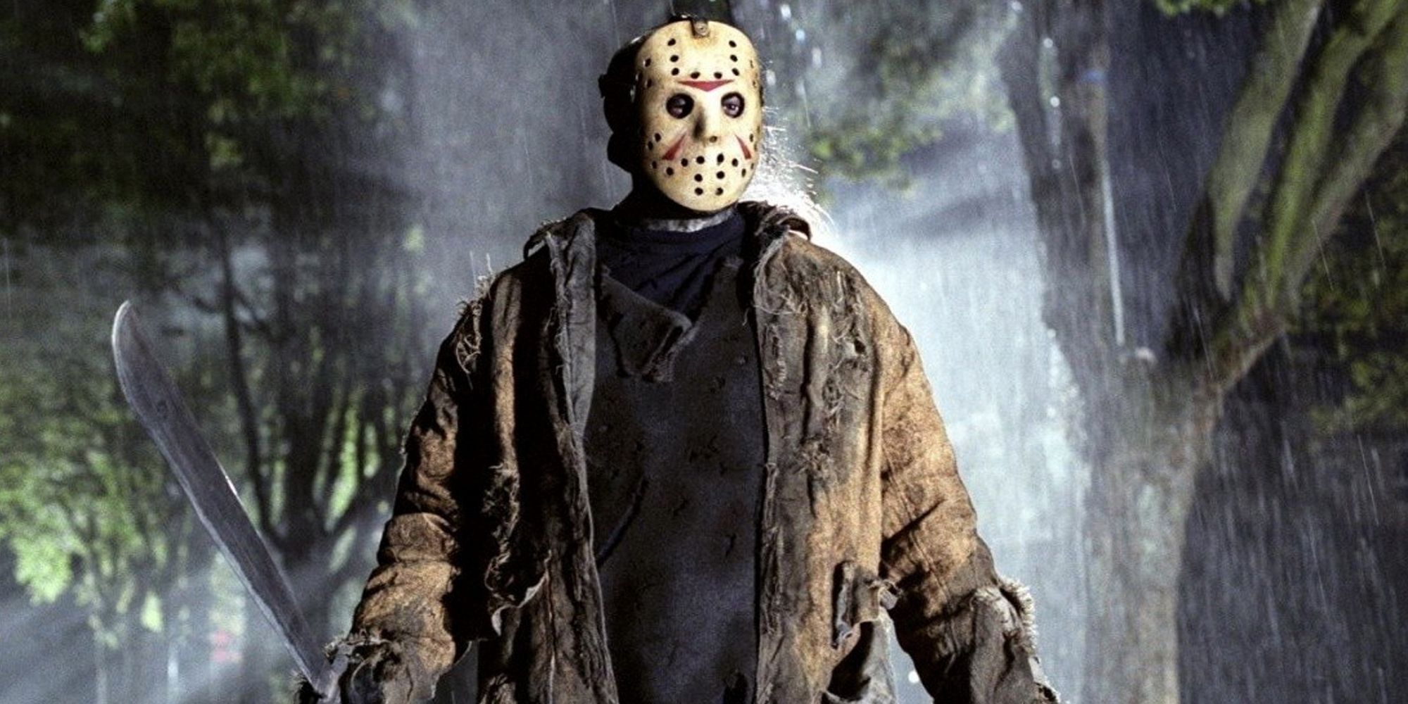 Jason Voorhees holding a machete in Friday The 13th.