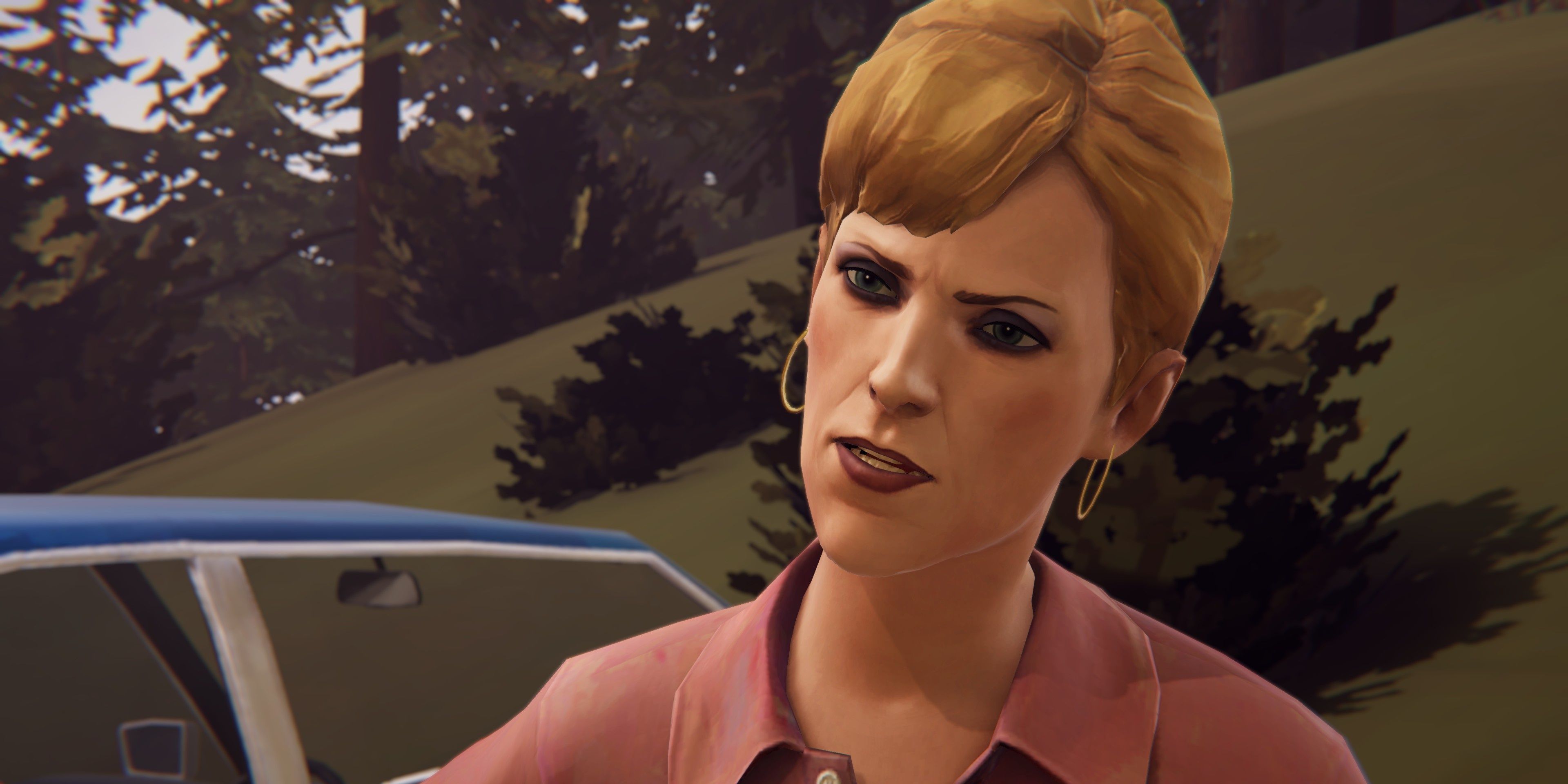 Joyce Price from Life Is Strange stares off-screen with concern, a blue car behind her