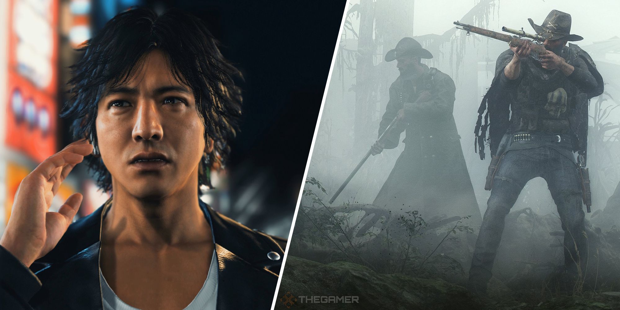 Yagami from Judgment on the left, two hunters from Hunt: Showdown on the right