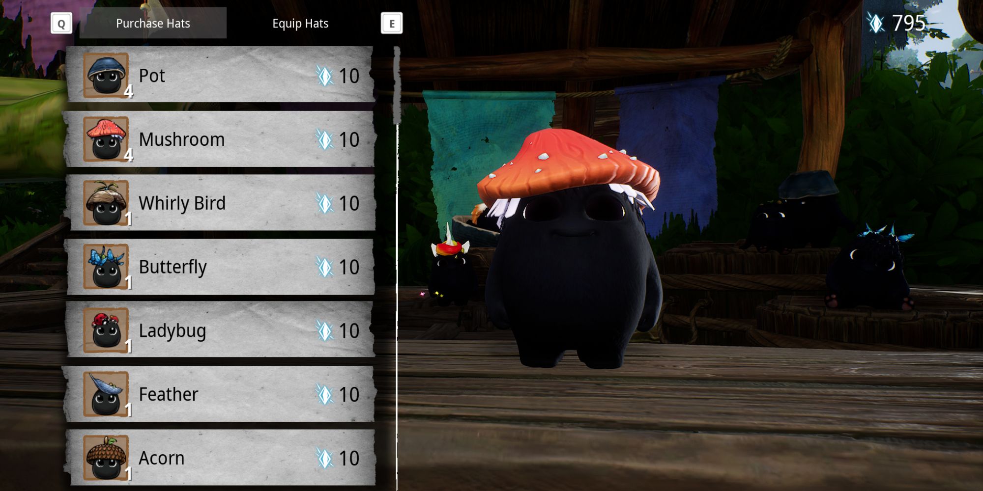 Kena Bridge of Spirits Rot wearing mushroom hat with menu of available hats and their prices next to it