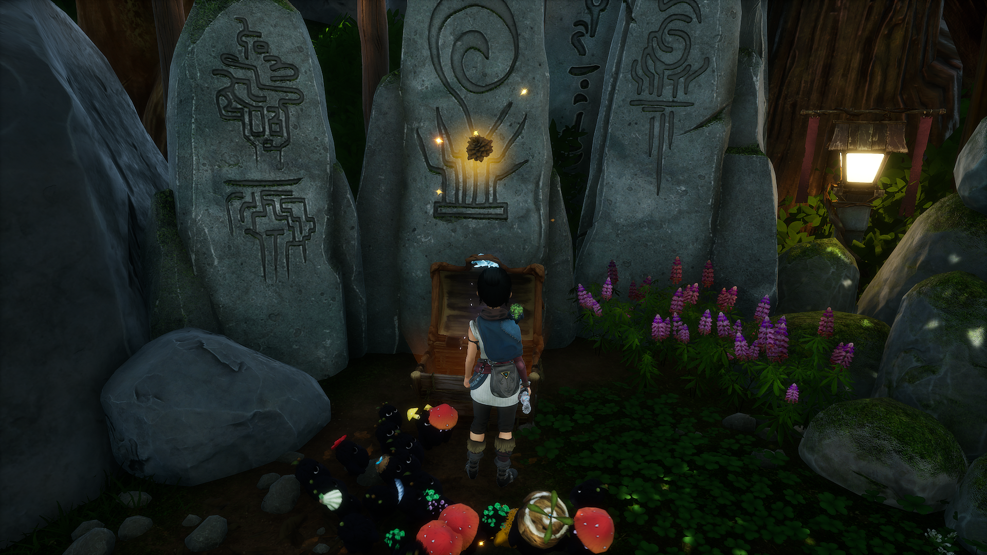 Kena finds the Pinecone hat in a chest among some obelisks 