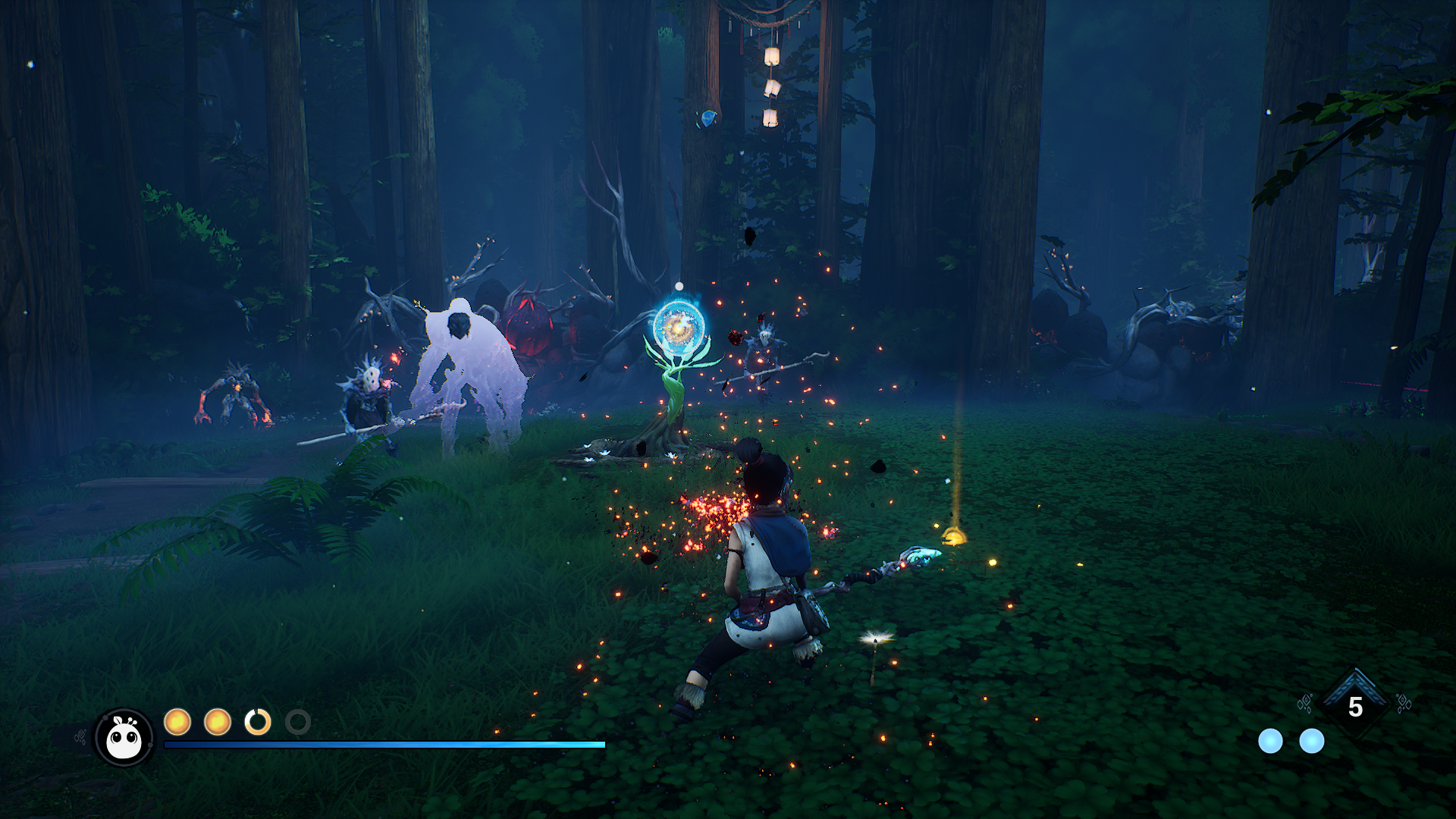 Kena fighting a ghost and some normal enemies in a gloomy, dark forest 