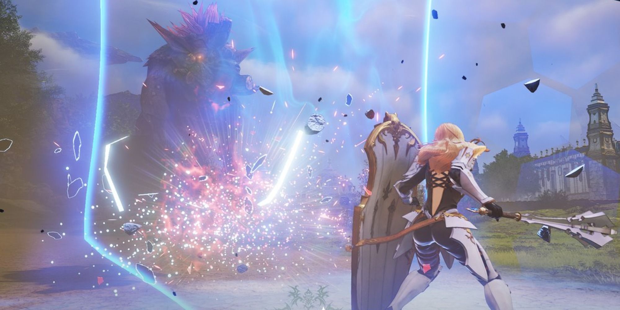 Kisara shielding an oncoming attack with her Artes in Tales of Arise