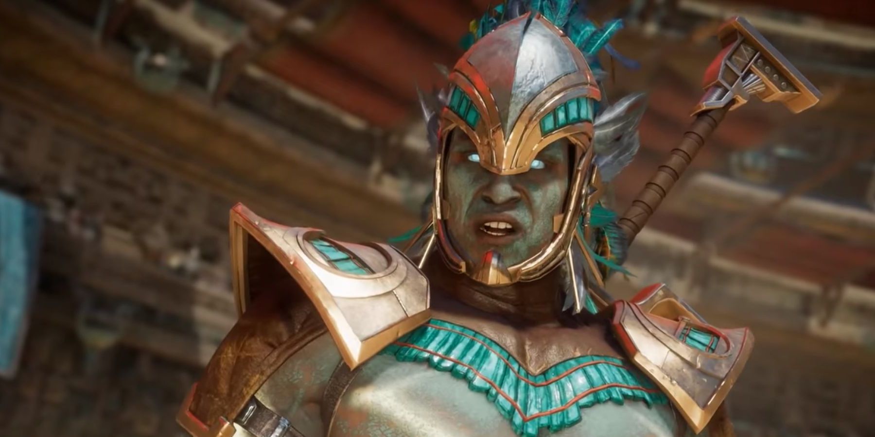 Mortal Kombat's Kotal Khan in armor and in front of the camera