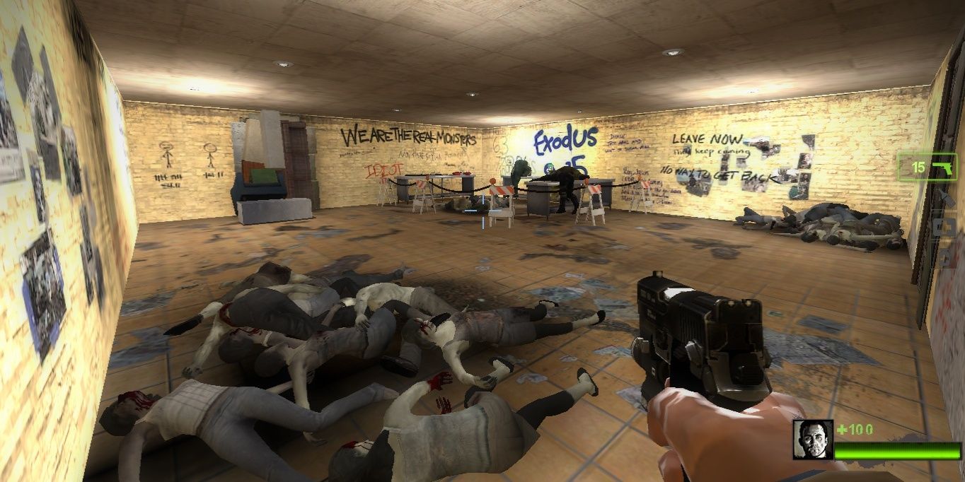 Left 4 Dead Safe Room with dead bodies on floor and graffiti on walls