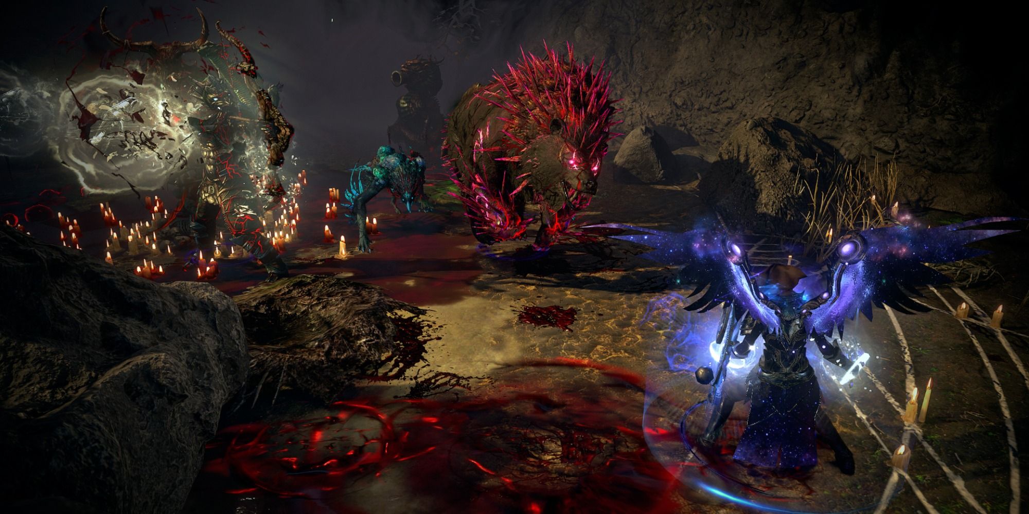 Path of Exile player character with glowing blue wings facing a glowing red beast