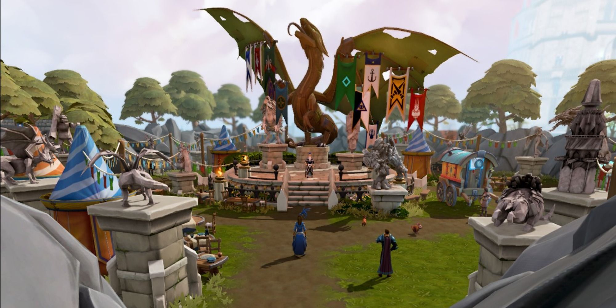 Runescape - A Bustling Town With A Dragon Statue