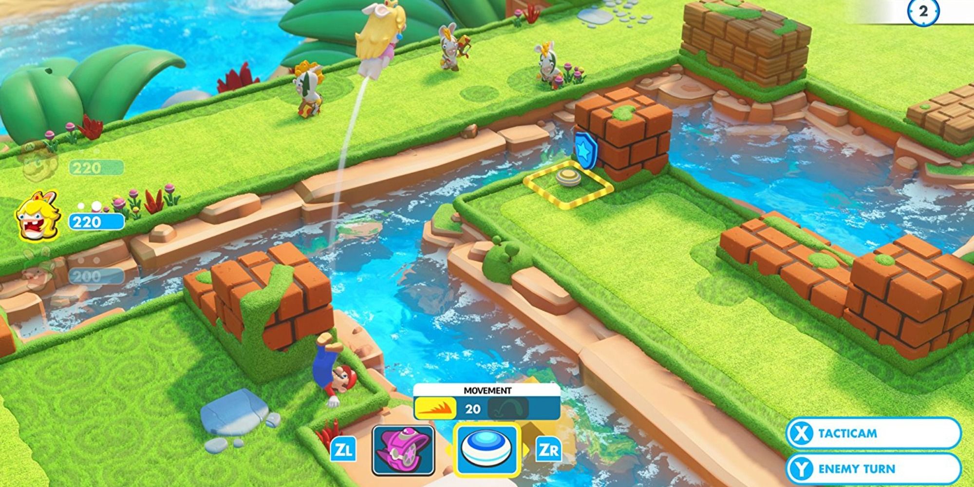 Mario + Rabbids® Kingdom Battle level with bridges and water.