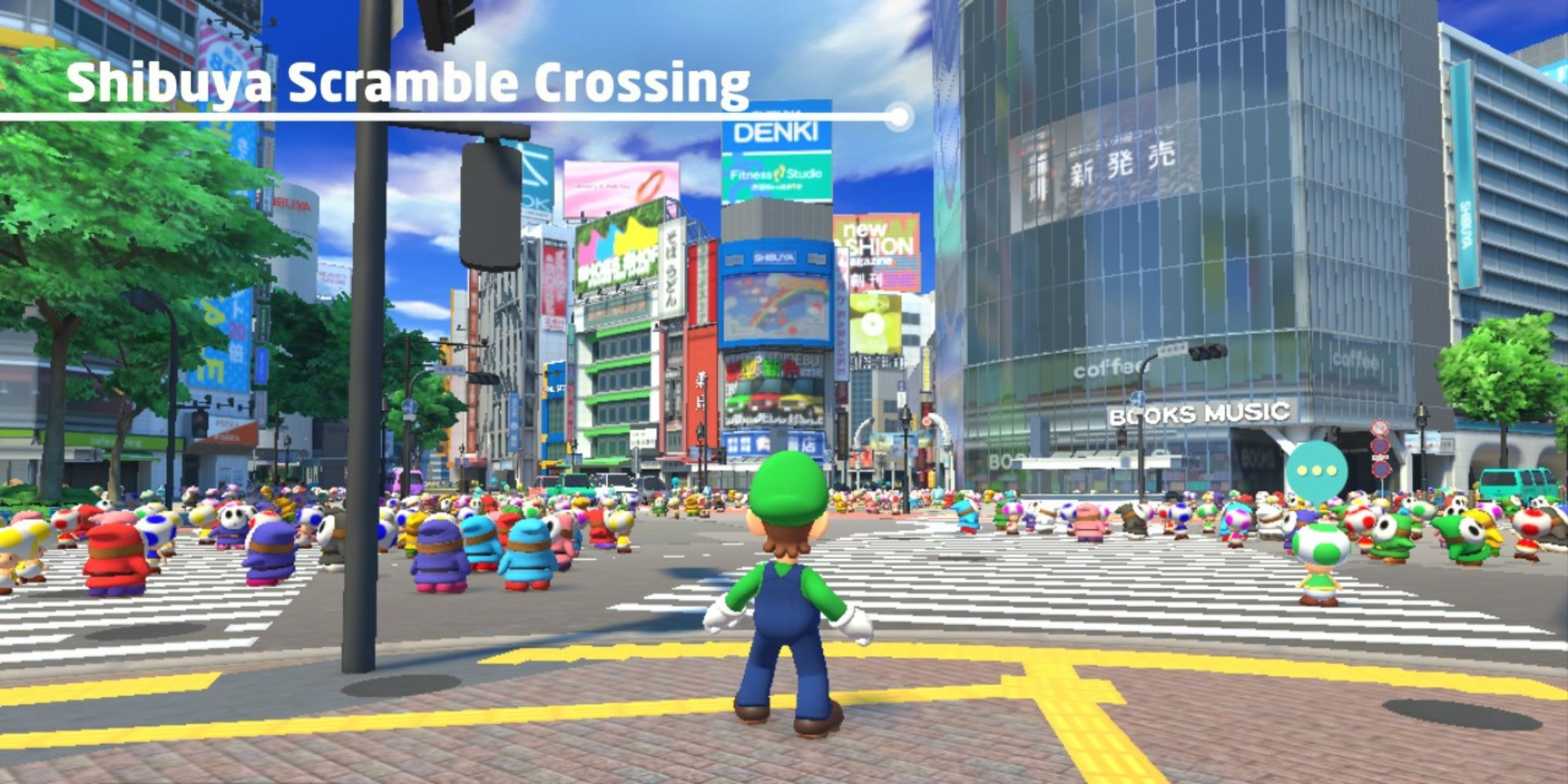 Mario & Sonic at the Olympic Games Tokyo 2020 Lugi crossing a busy Shibuya Crossing with Shy Guys nearby