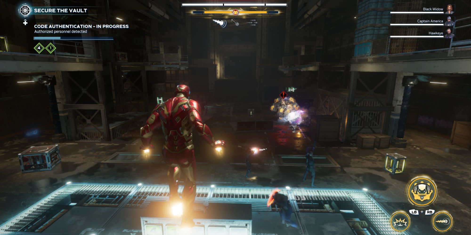 Marvel's Avengers Screenshot Of Iron Man Defending The Vault Area