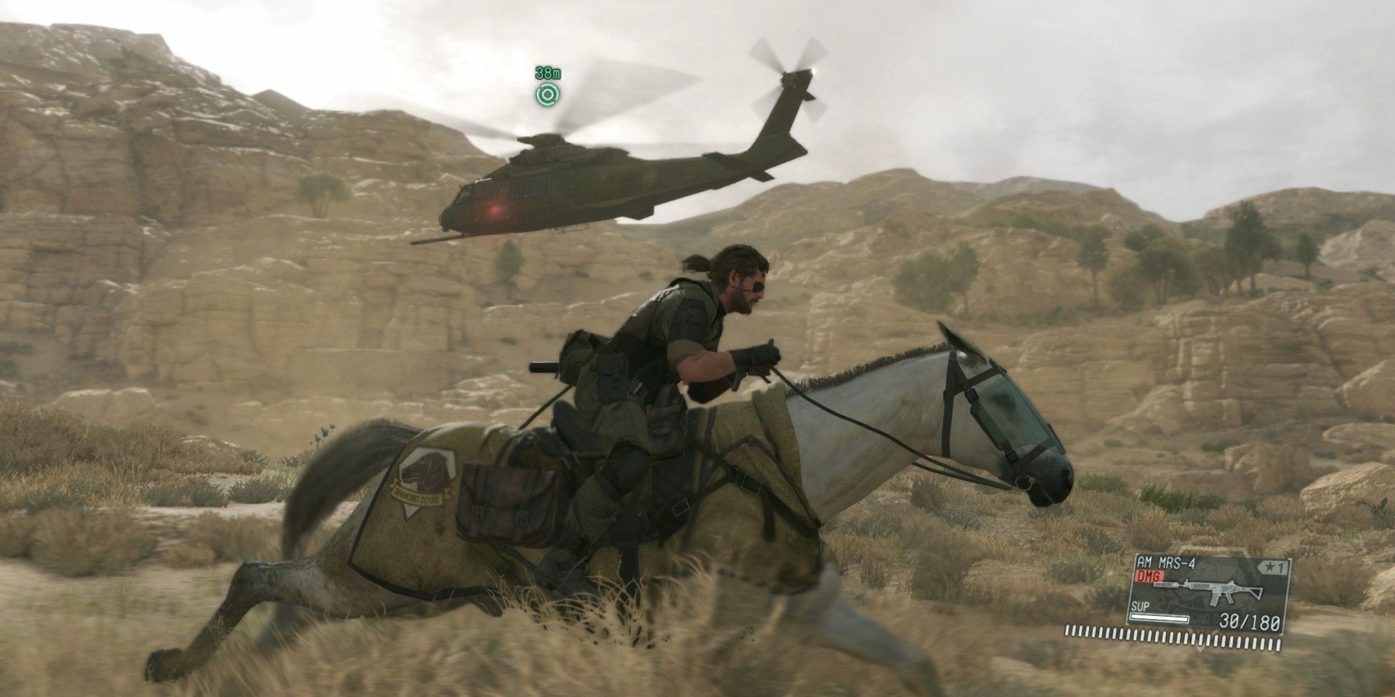 Riding a horse beside a helicopter in Metal Gear Solid 5