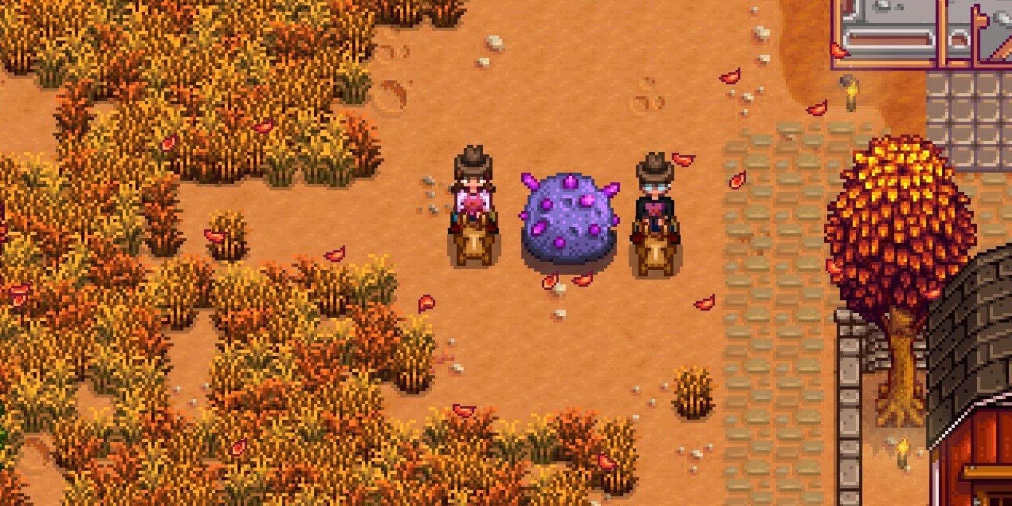 Two farmer on horses stand on either side of a purple meteorite in an overgrown farm field