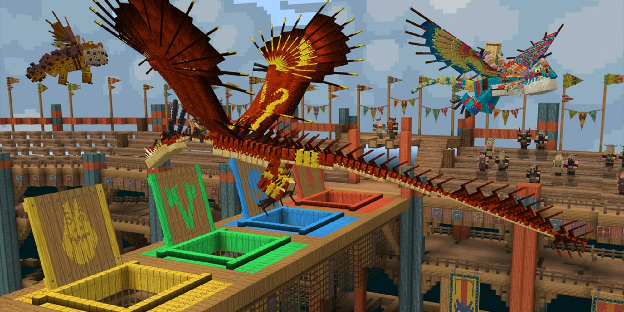 Dragons flying around a stadium in the Minecraft Train My Dragon Map