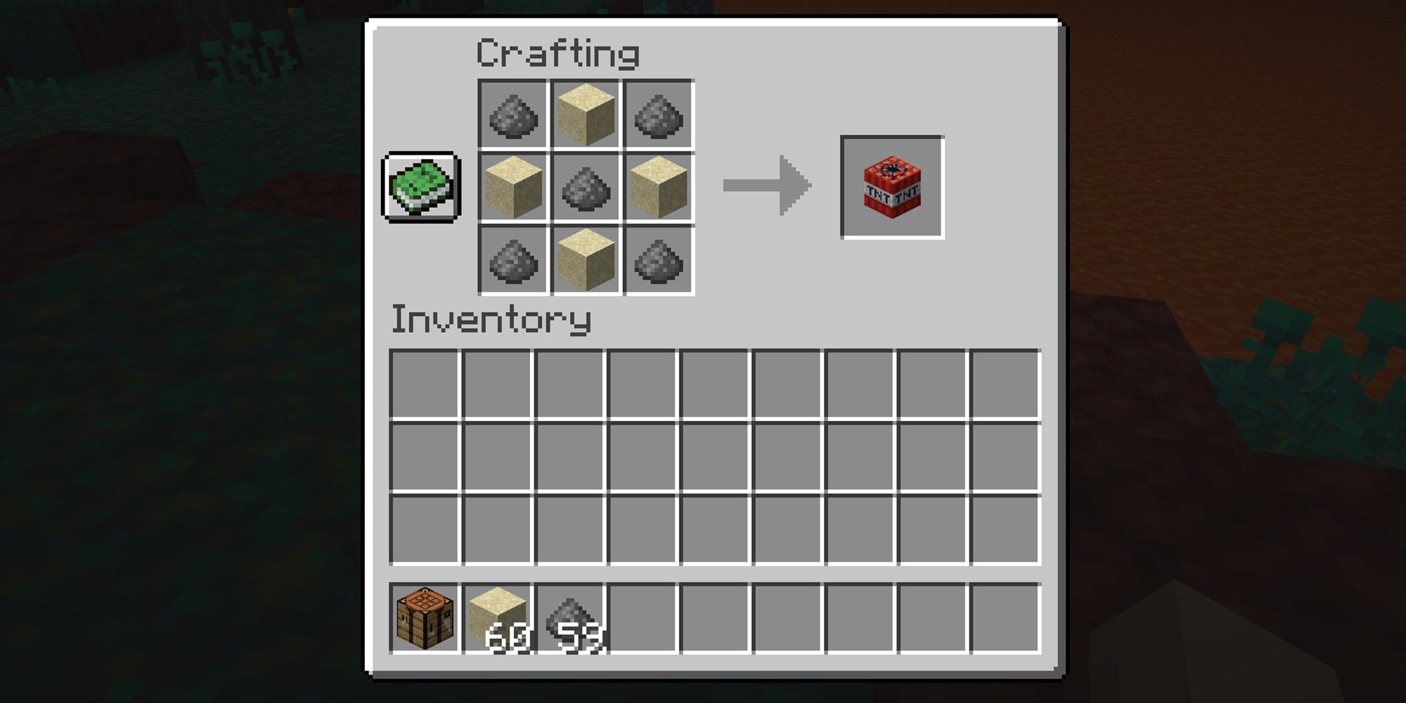 crafting menu with recipe for TNT