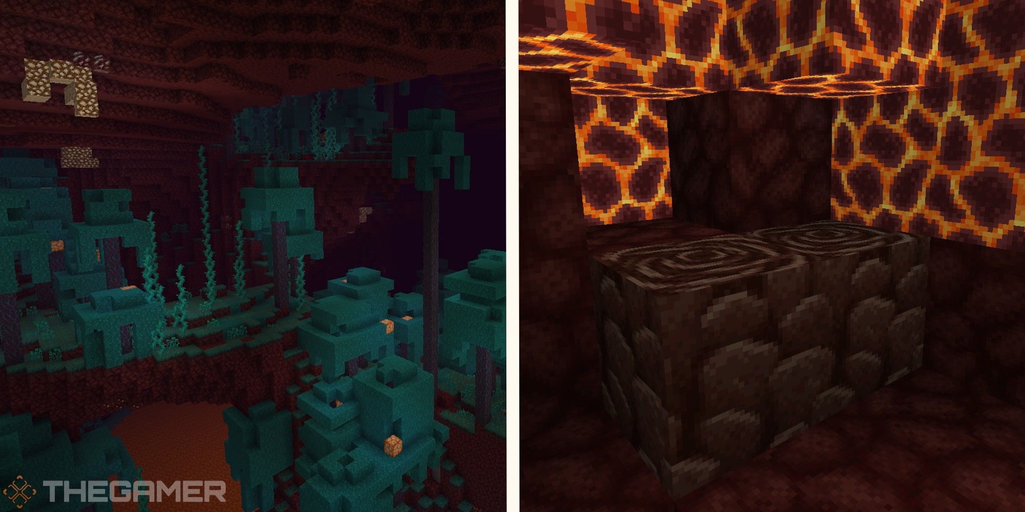 image of warped forest next to image of ancient debris in netherrack