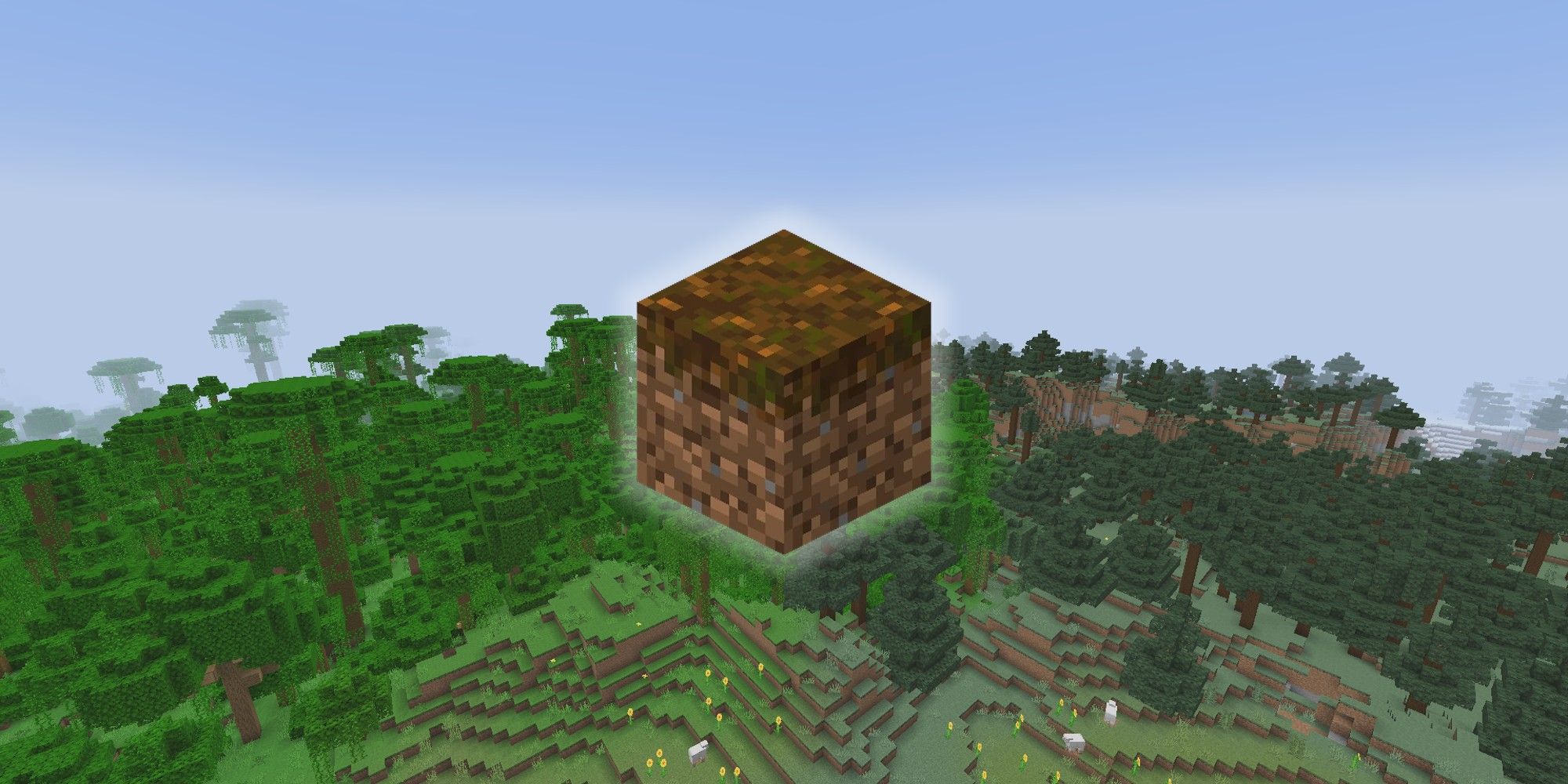 minecraft biomes in background, with block of podzol cropped in the center