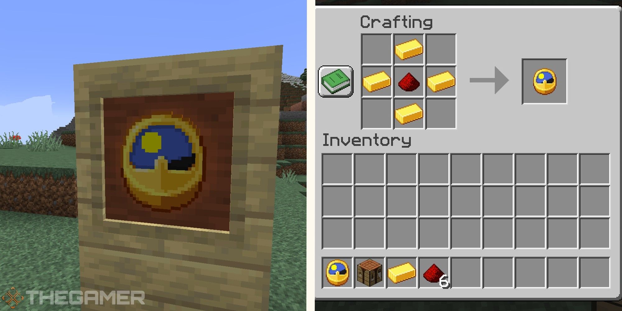 image of clock on item frame next to image of how to craft a clock