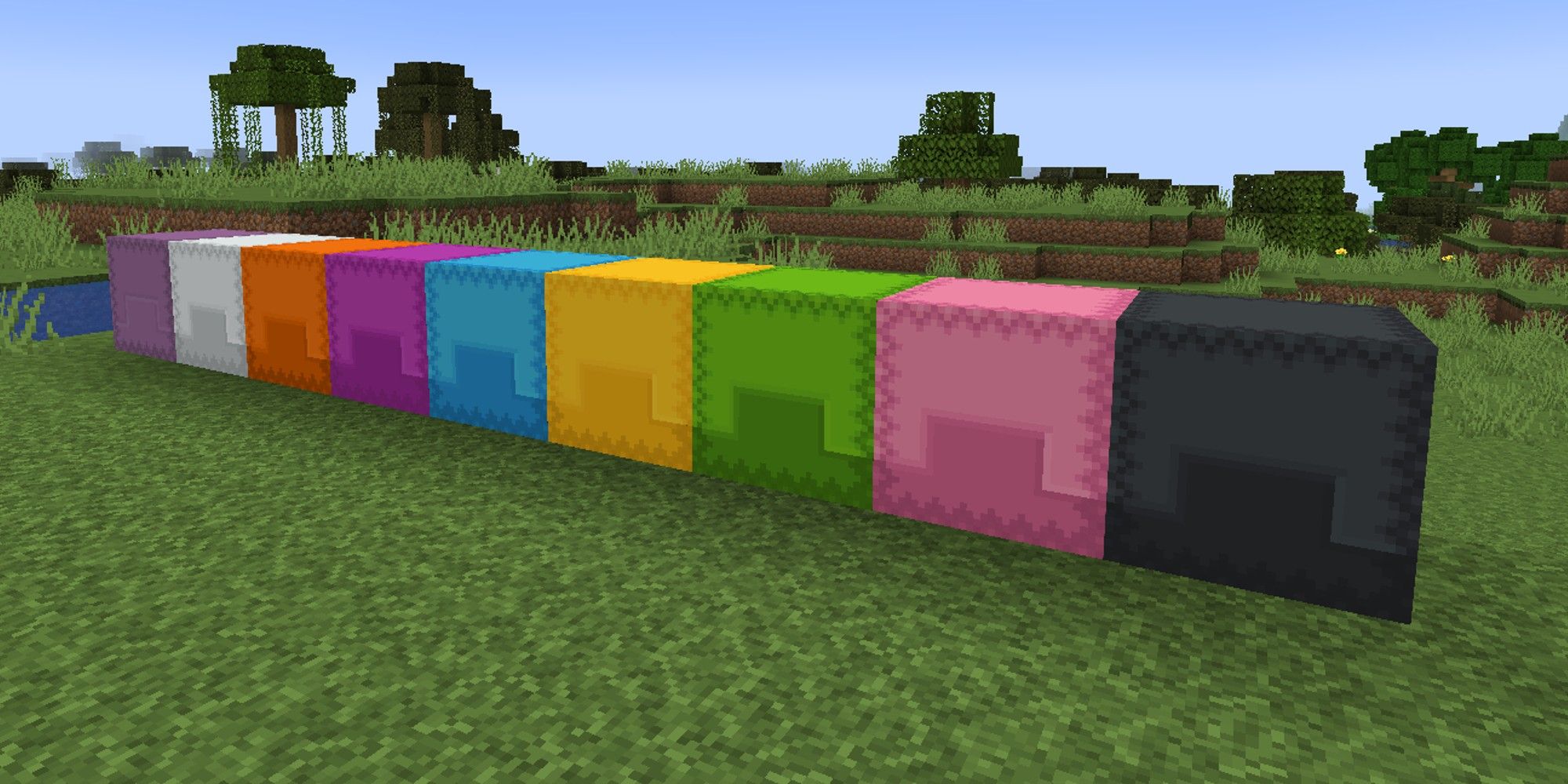 colored shulker boxes in a line