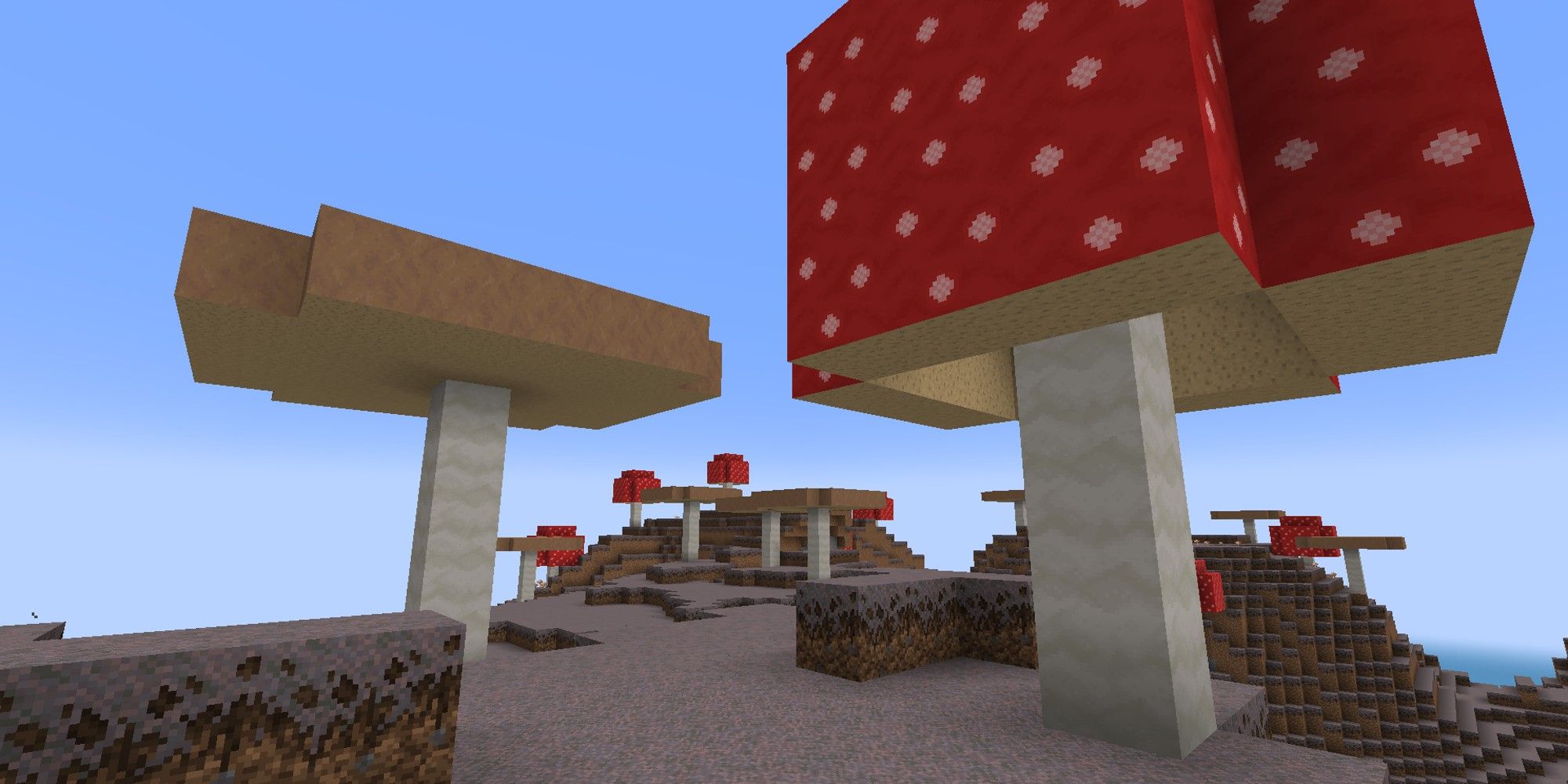 giant red and brown mushrooms in mushroom fields biome