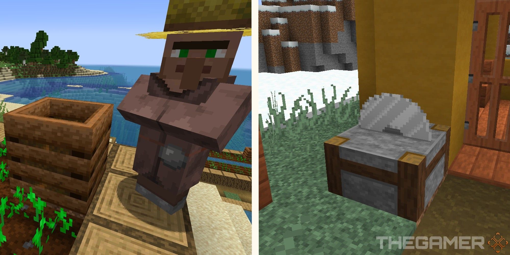 image of farmer villager with composter next to image of stonecutter
