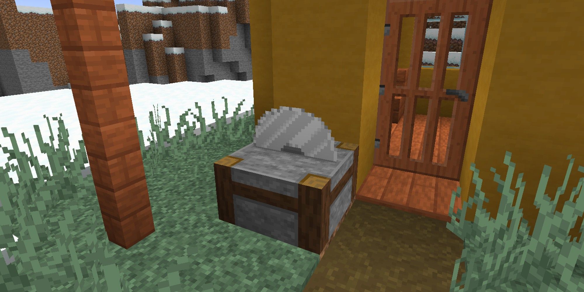 stone cutter placed outside of villagers door