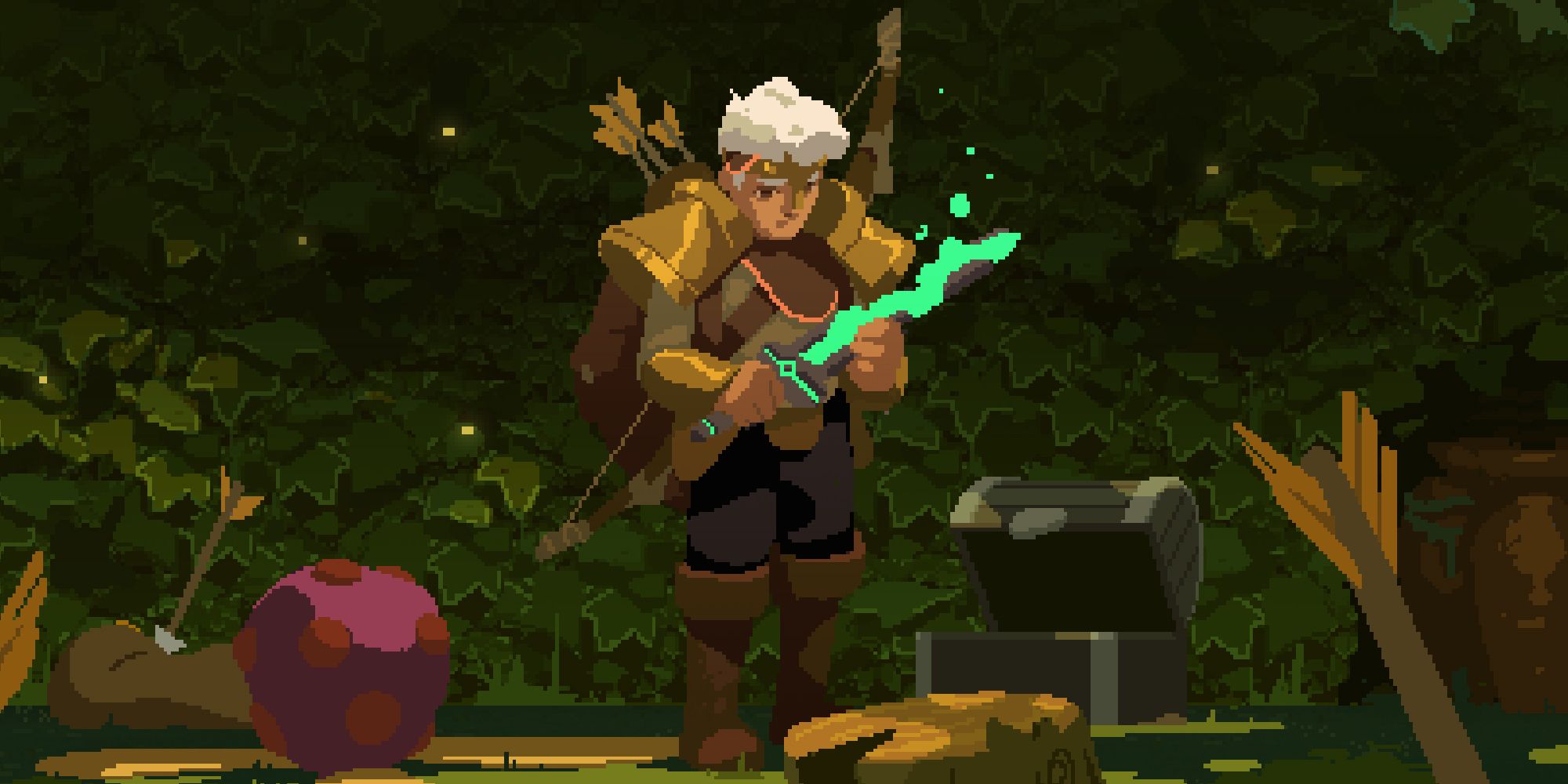 Moonlighter - Will In Full Armor Looking At A Weapon In The Forest Dungeon