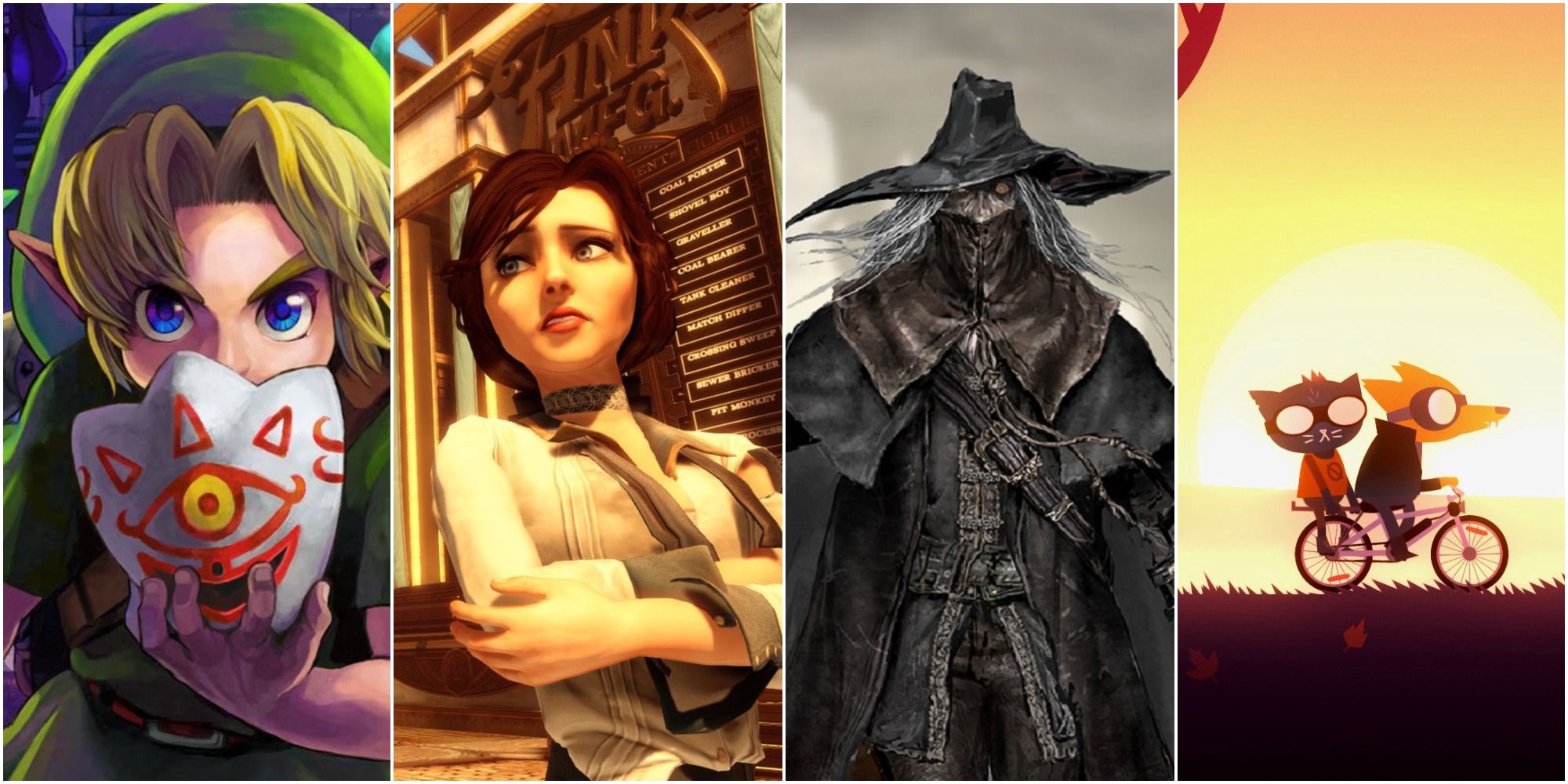 Split image: Link close up holding mysterious object Legend of Zelda: Majora's Mask, close up of uncomfortable female arms folded Bioshock Infinite, close-up of Bloodborne Hunter, and character cycling with another character on the back of their bicycle Night In The Woods