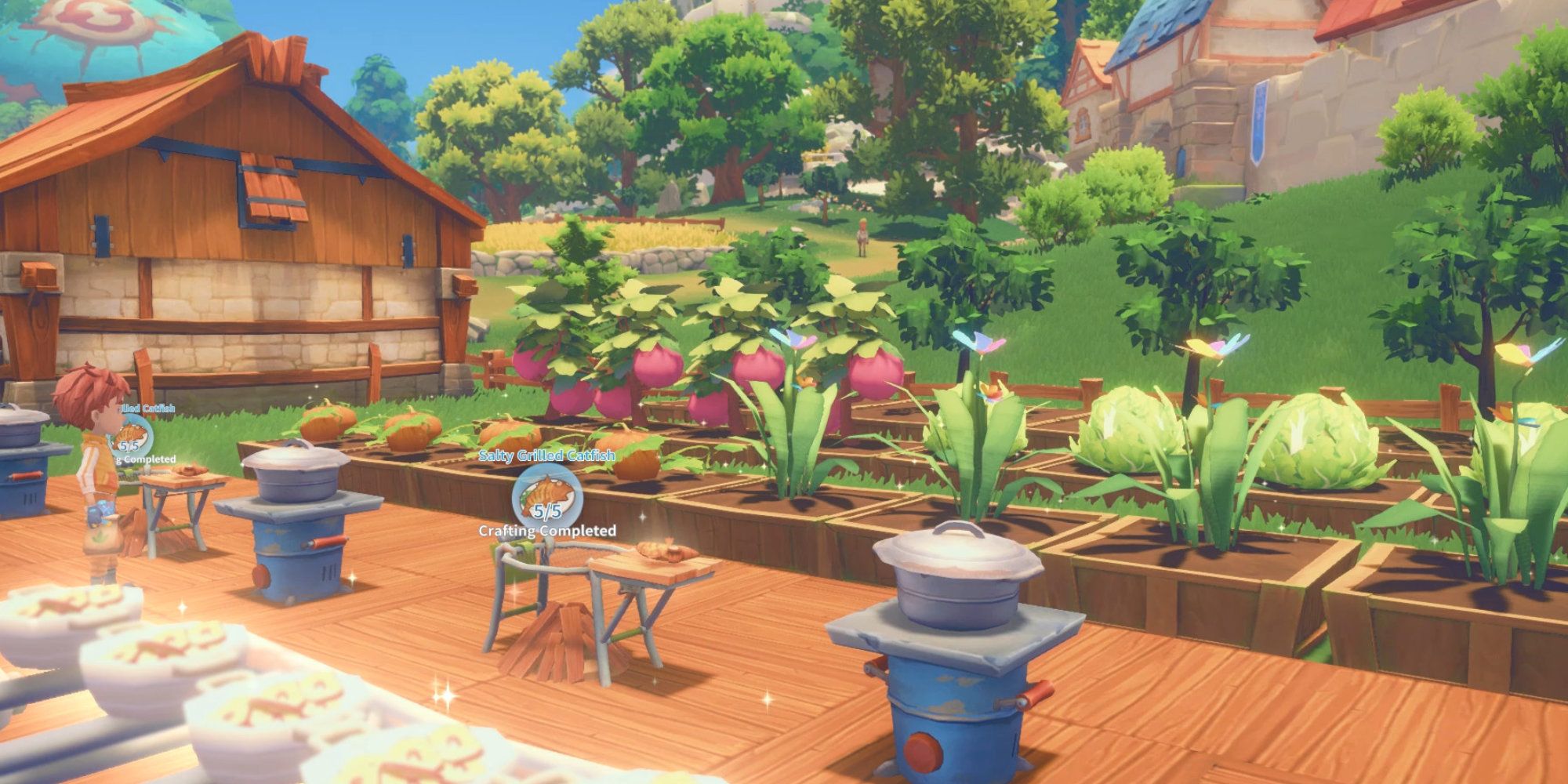 My Time At Portia player overlooking their farm as items craft