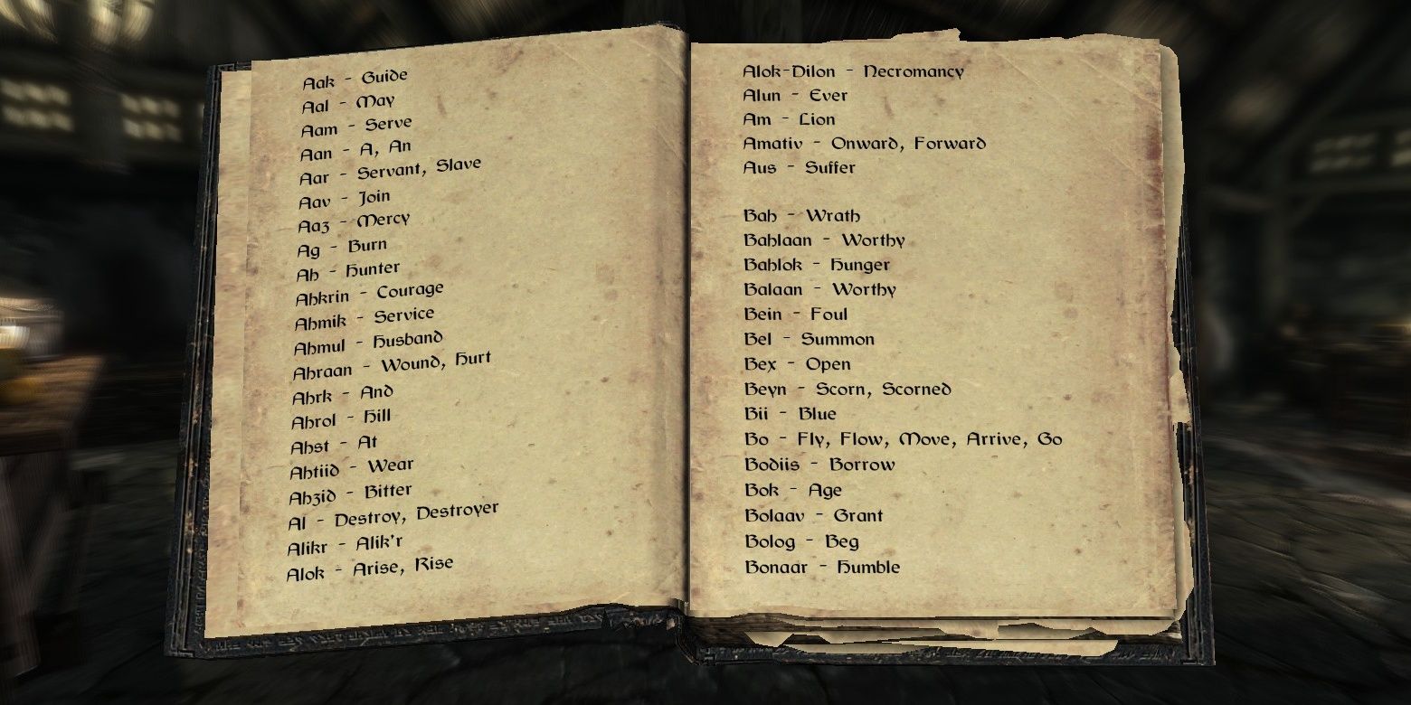 A book in Skyrim translating Dragon Language into English.