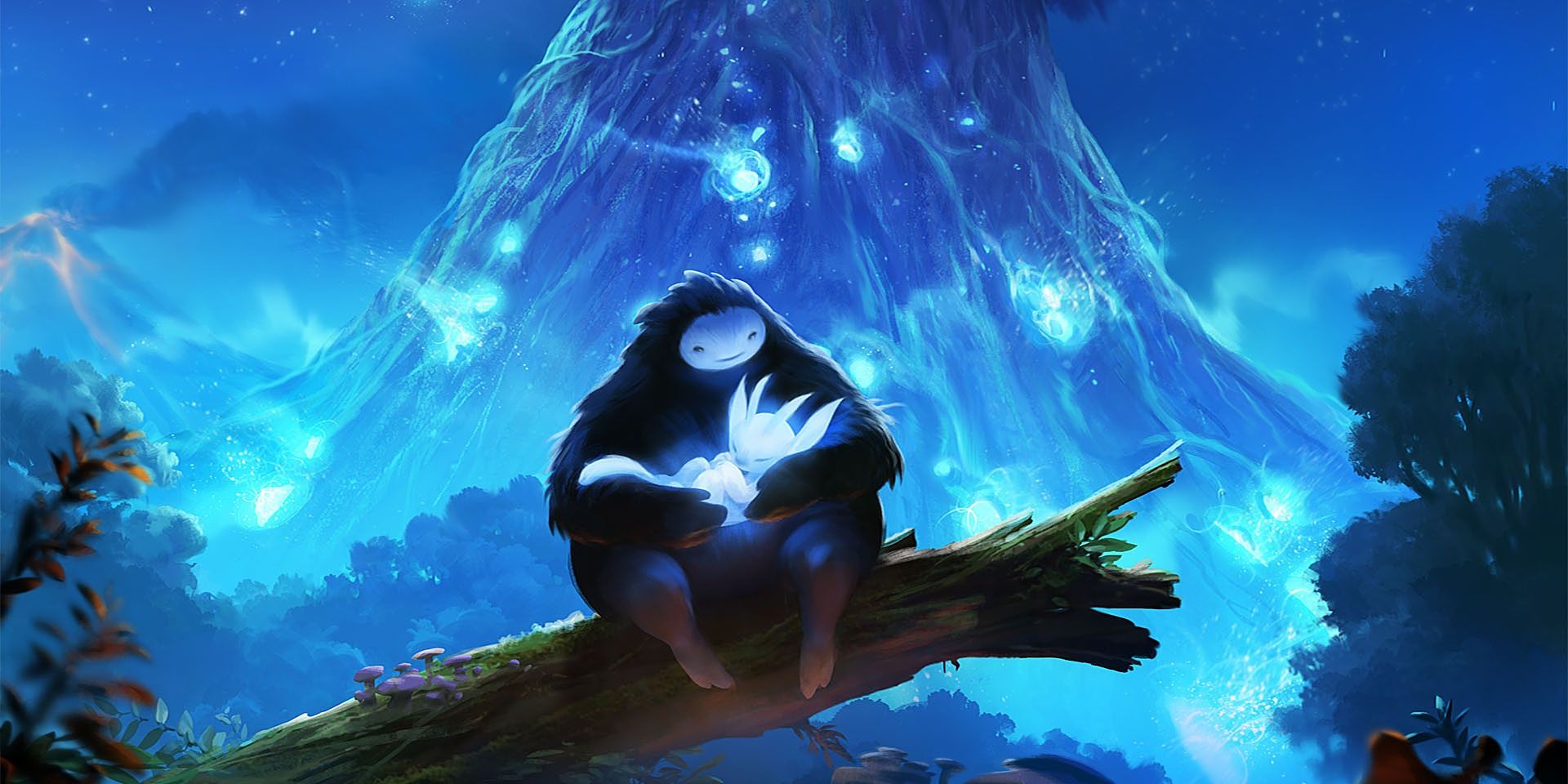 Naru holds Ori from Ori and the Blind Forest, with the spirit tree glowing behind them