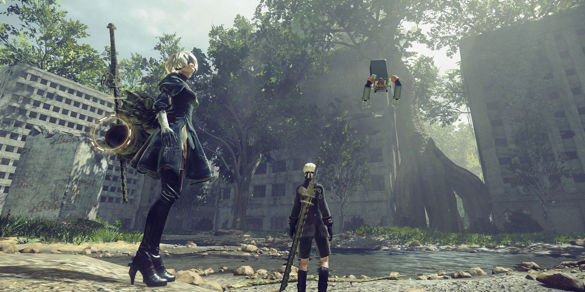 Nier Automata two characters standing in an overgrown abandoned city.