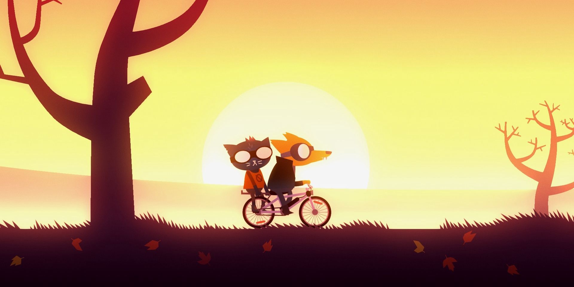 protagonist Mae and Greg riding a bicycle by sunset in indie game Night In The Woods