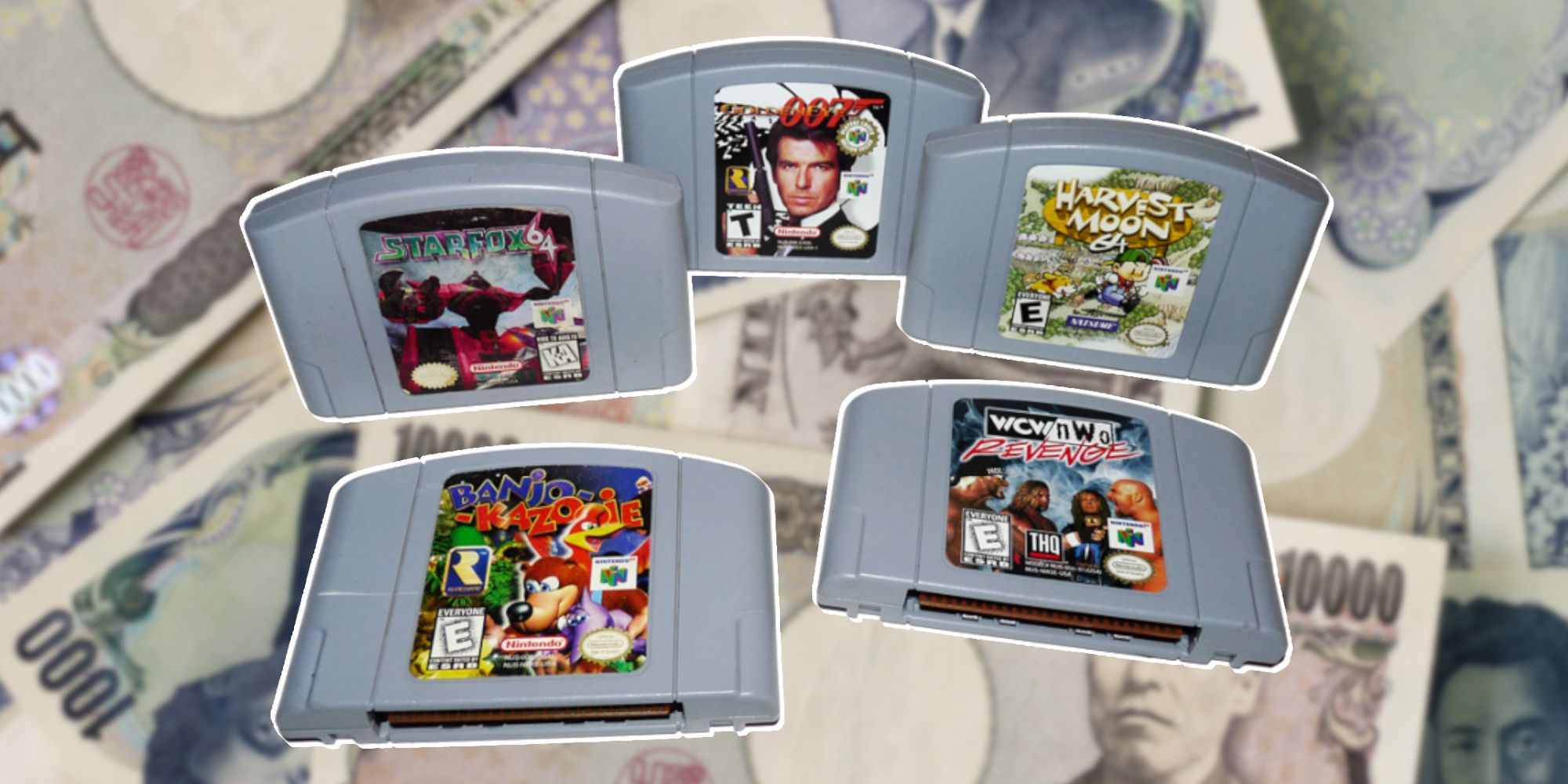 N64 cartridges with money in the background