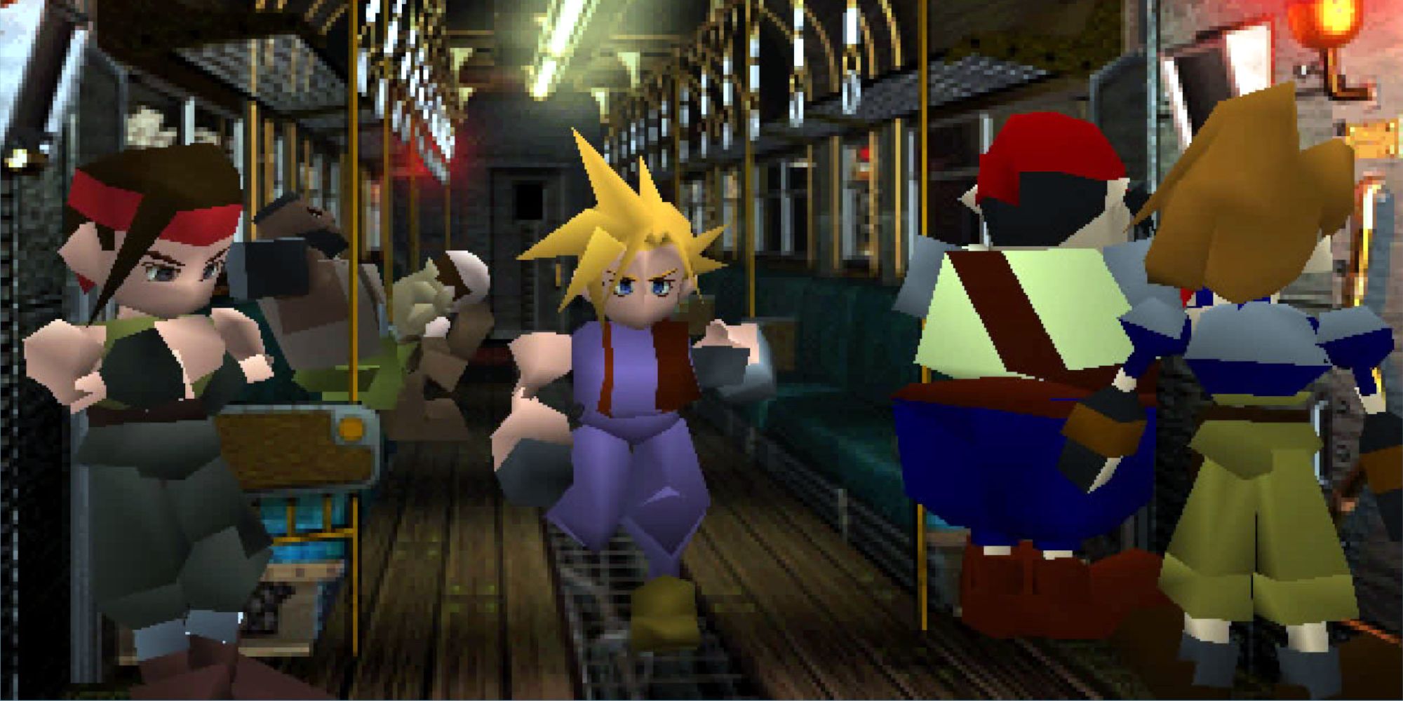 Cloud and characters on train in Final Fantasy 7