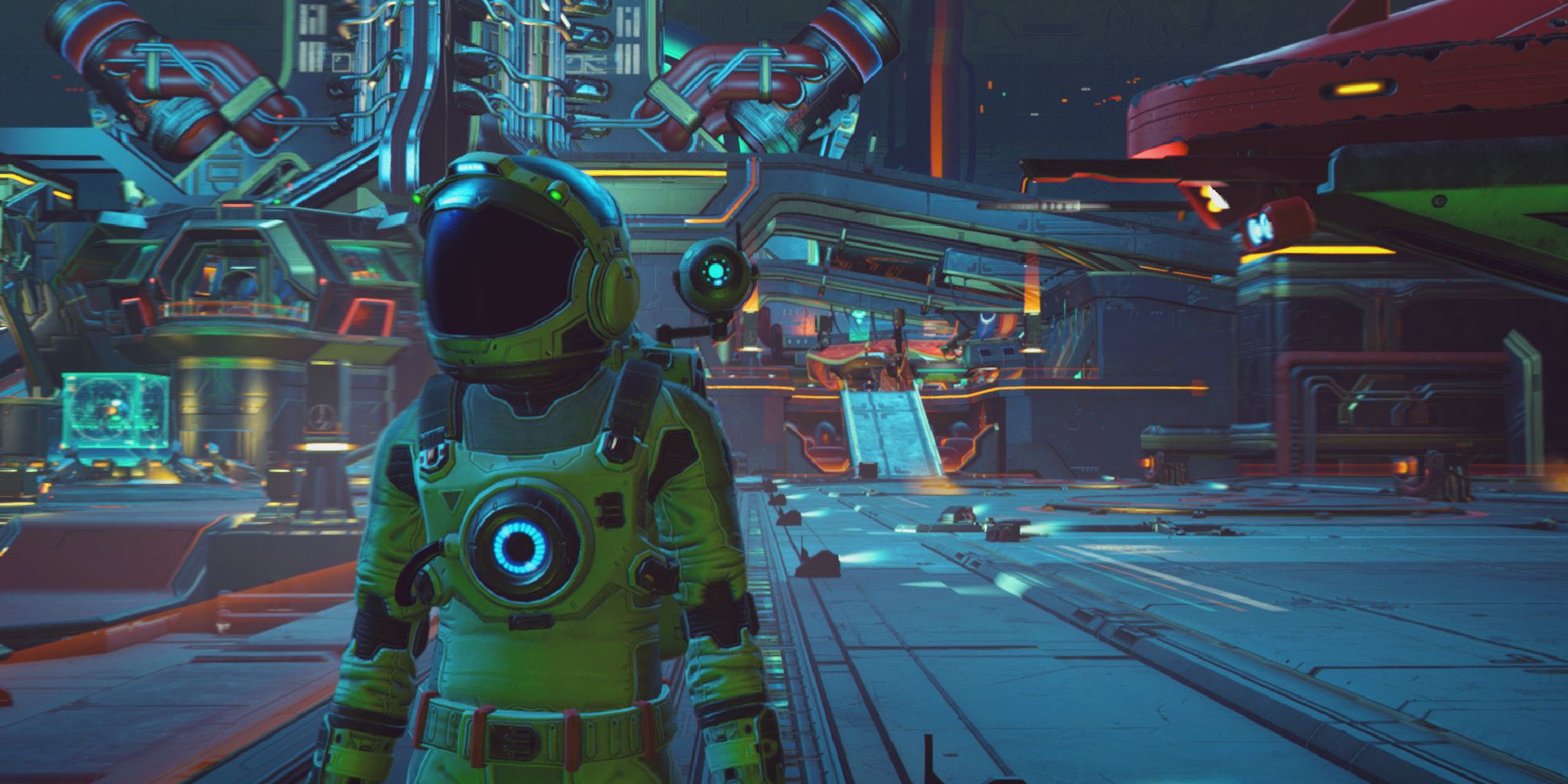 No Man's Sky mid-close up screenshot of spaceman standing in front of futuristic city