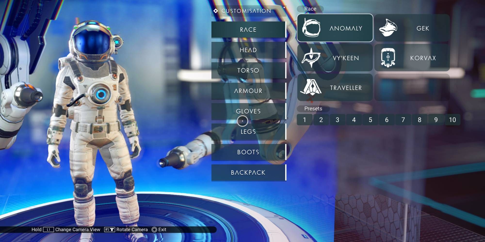 No Man's Sky wide angle screenshot of character customisation options