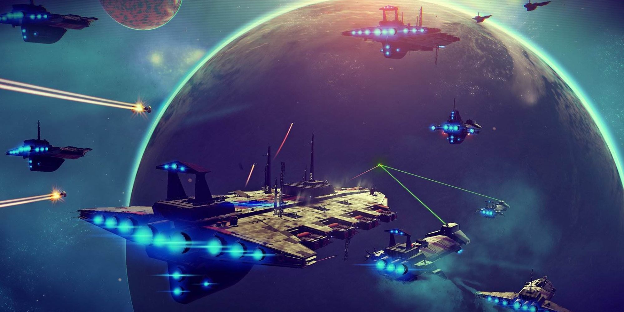 No Man's Sky wide angle screenshot of multiple freighters fighting in space near planet