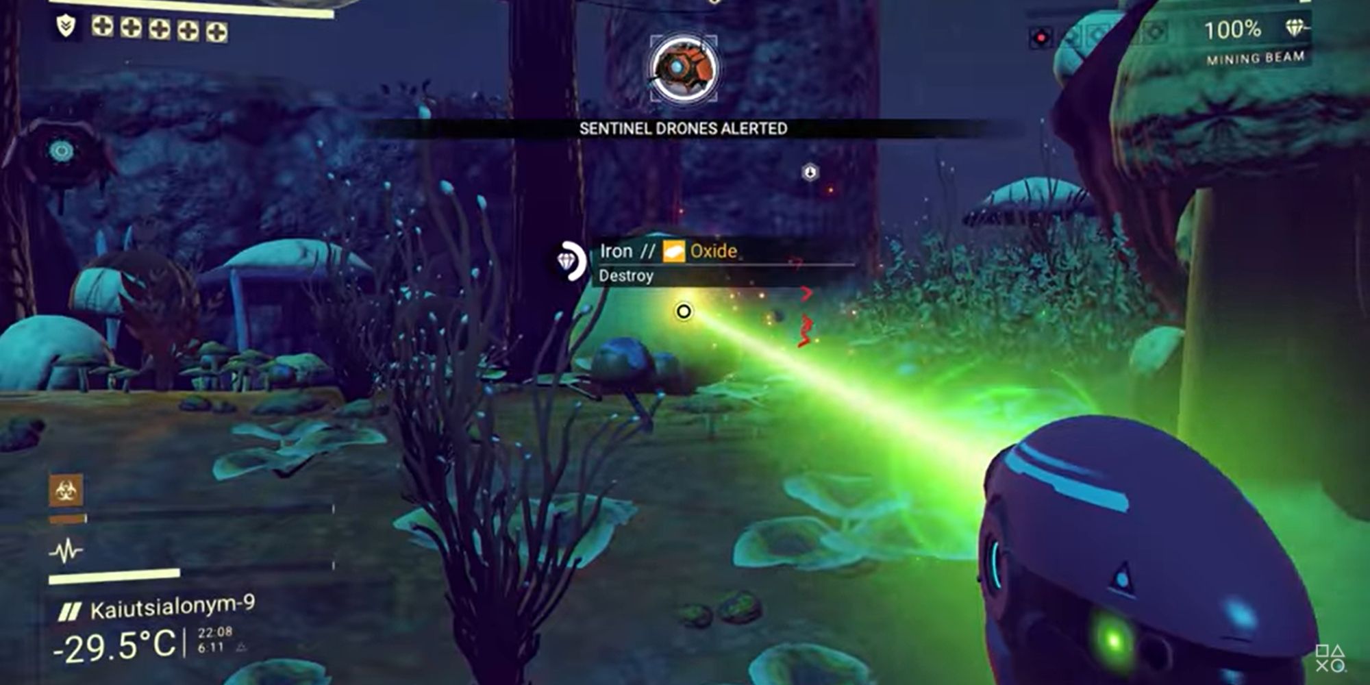 No Man's Sky close up screenshot of multi-tool firing laser at distant rocks