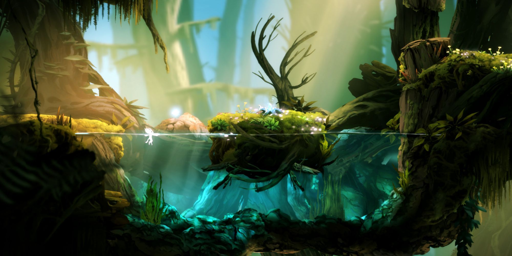 Ori character in water in a forest