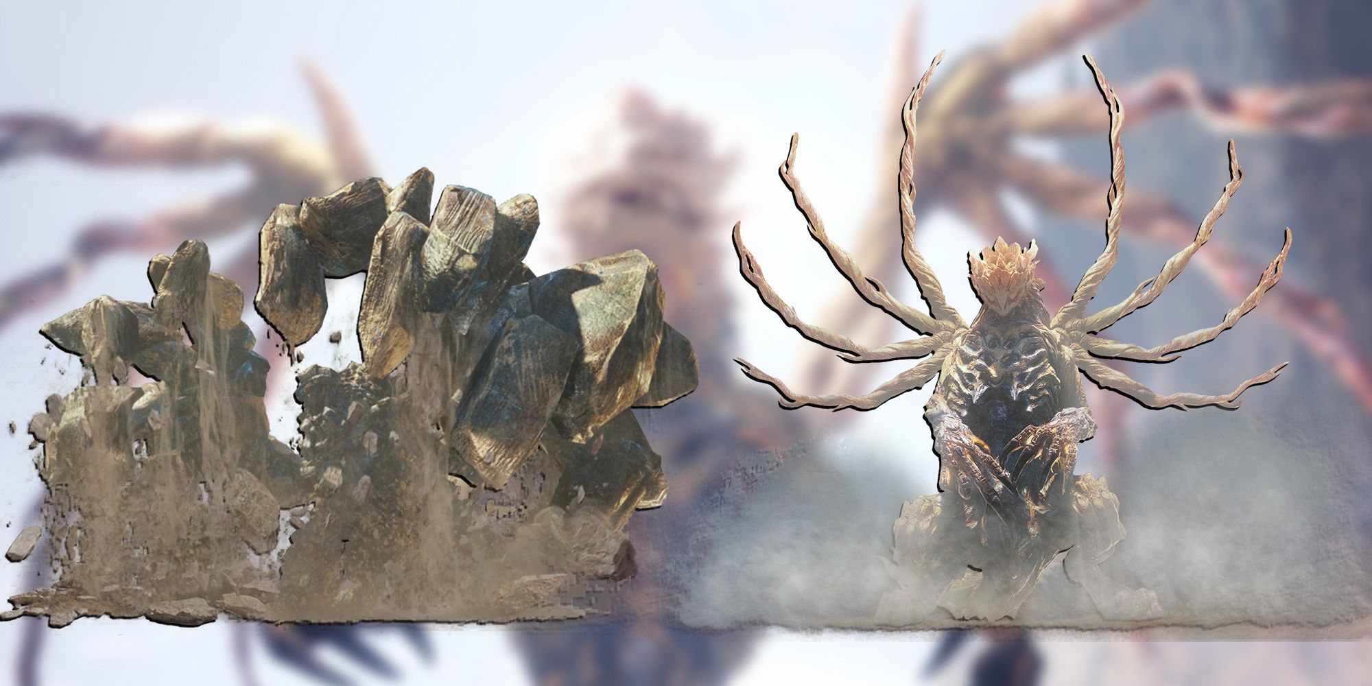 PNG Of Both Forms Of The Shara Ishvalda OVerlaid On Image Of Shara Revealing Its True Form In A Monster Hunter World Iceborne Cutscene