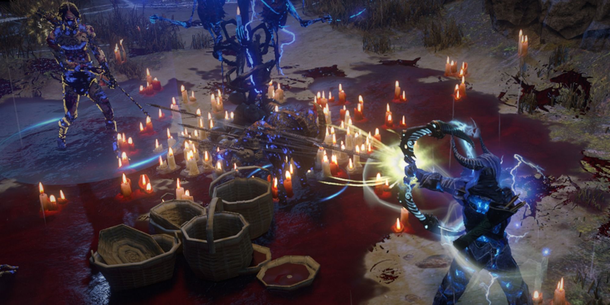 Path of Exile archer shooting two enemies blood and candles on ground ahead