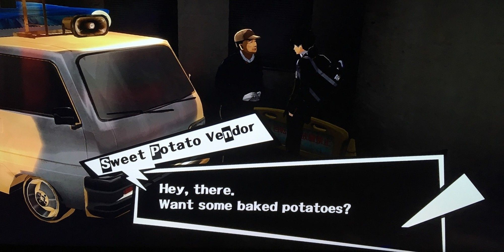 joker speaking with sweet potato vendor