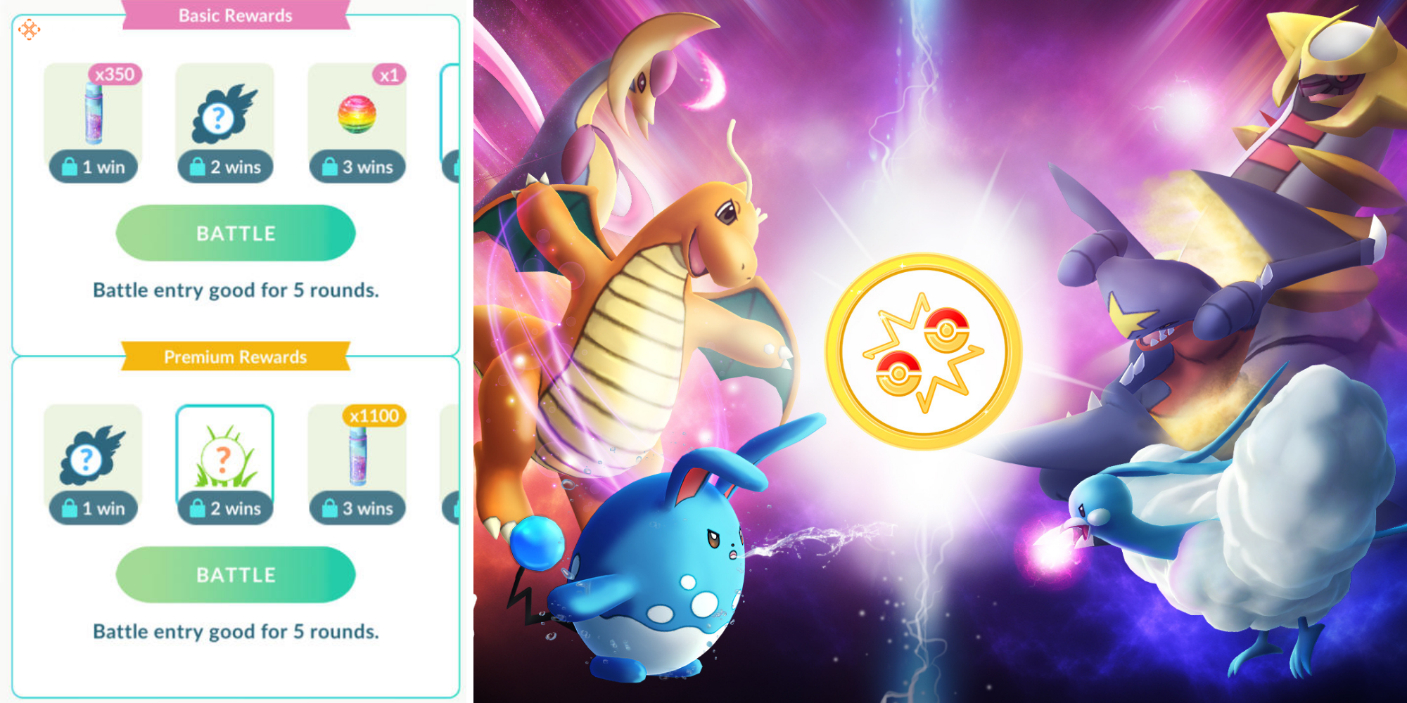 Pokemon GO PvP rewards on left, PvP Promo Art on right