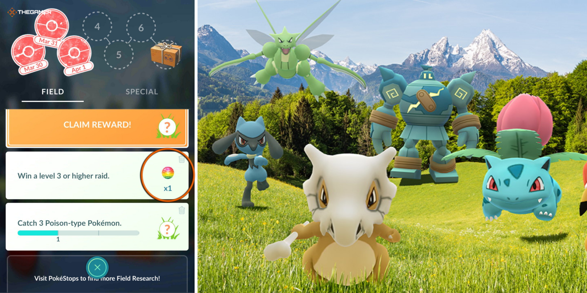 Pokemon GO Research Task that rewards Rare Candies on left, Pokemon GO Promo Art on right