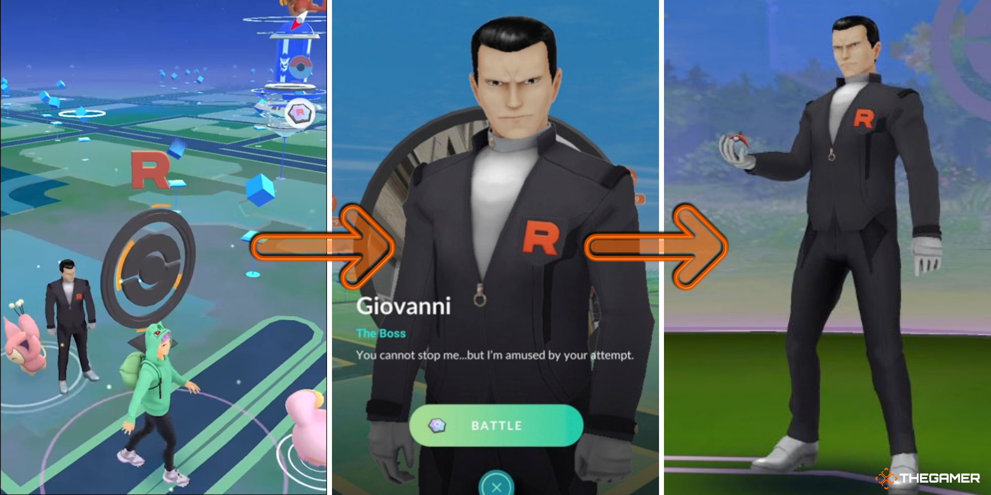Pokemon GO Shadow Pokestop on left, talking to Giovanni in centre, fighting Giovanni on right