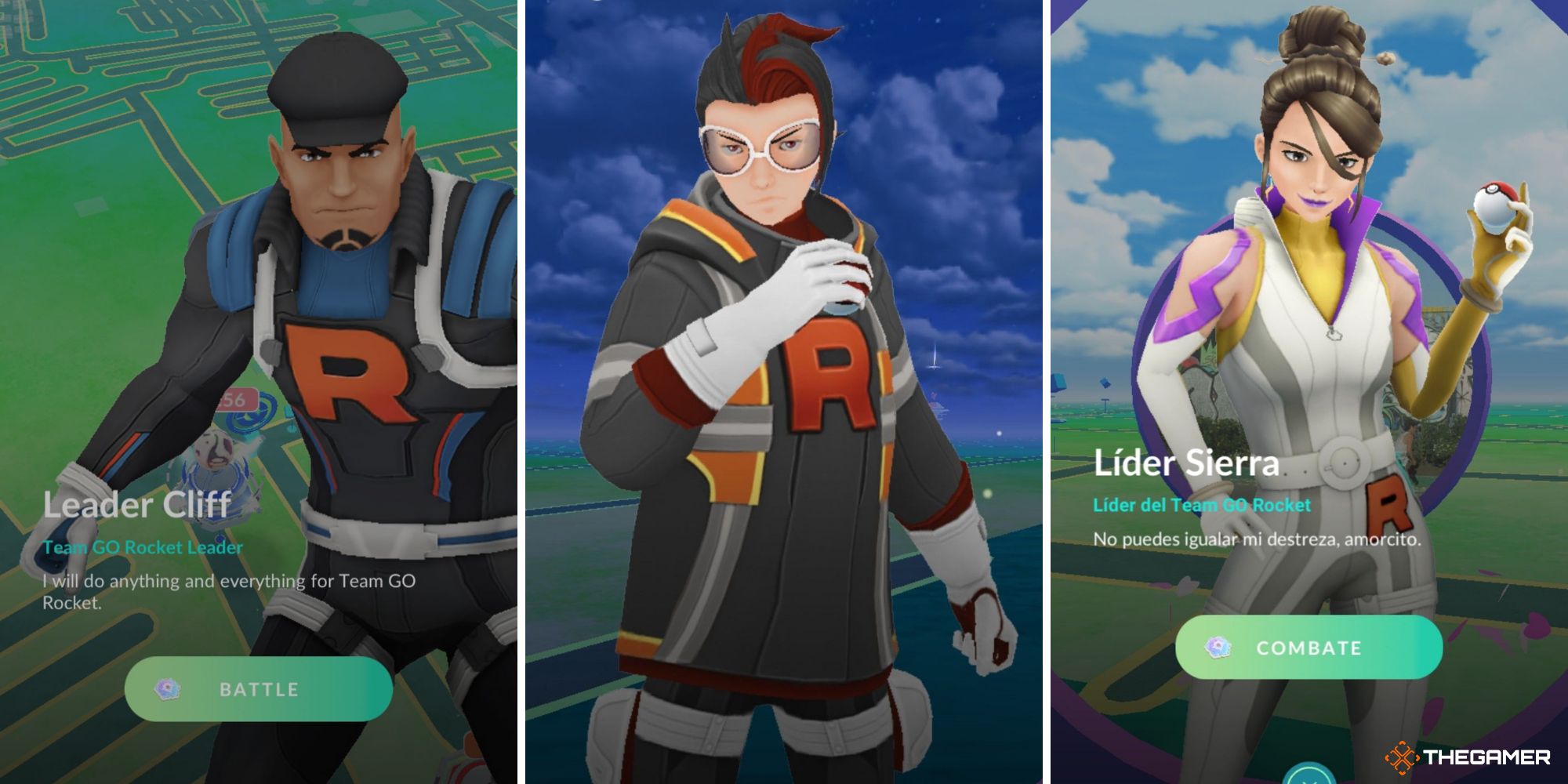Pokemon GO Team Rocket GO Leaders, Cliff on left, Arlo in centre, Sierra on right