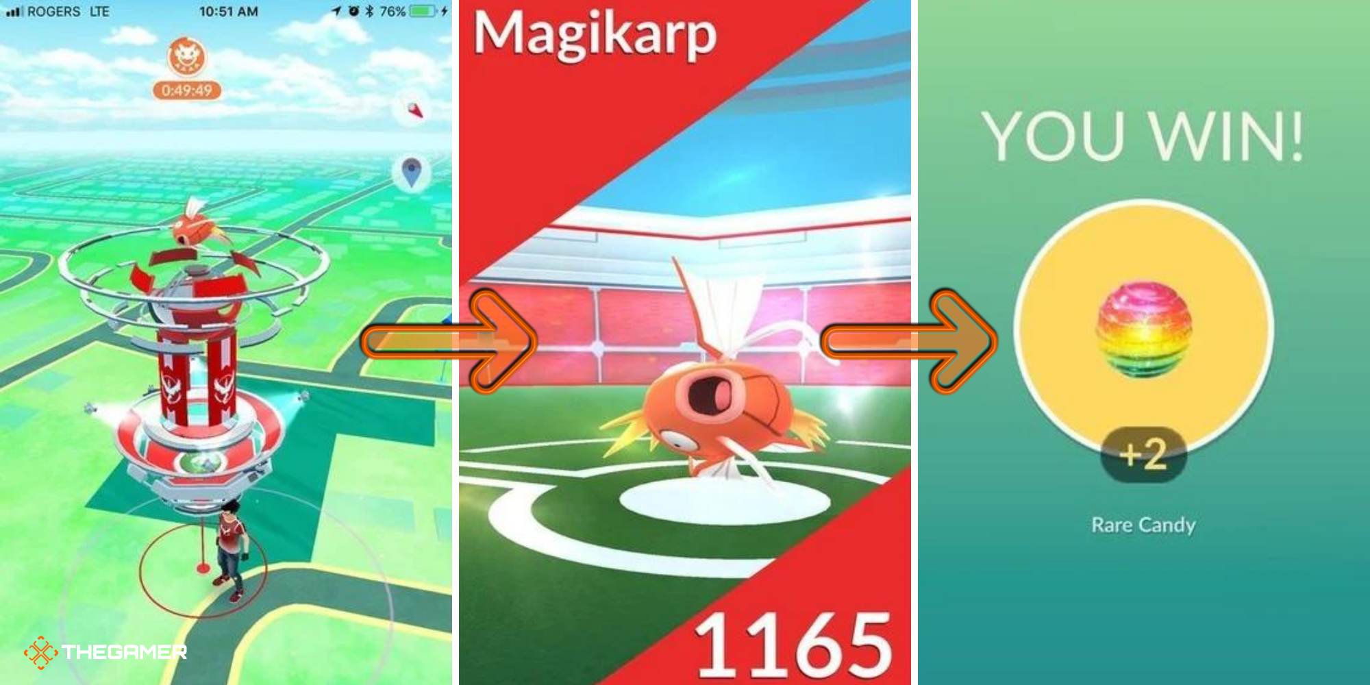 Pokemon Go Player joining a Magikarp raid and earning Rare Candy