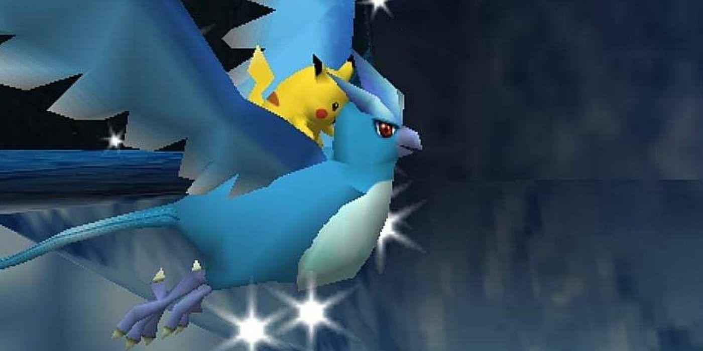 Pokemon Snap Pikachu flying on sparkling Articuno in cave